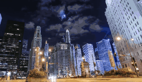 夜晚 延时摄影 美国 芝加哥 车流 高楼