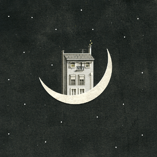 星空 夜晚 月亮 小房子