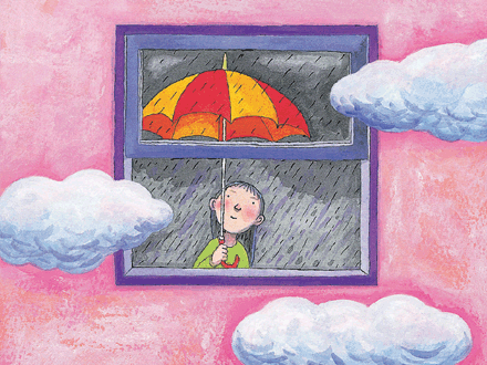小孩 雨伞 云彩 窗口