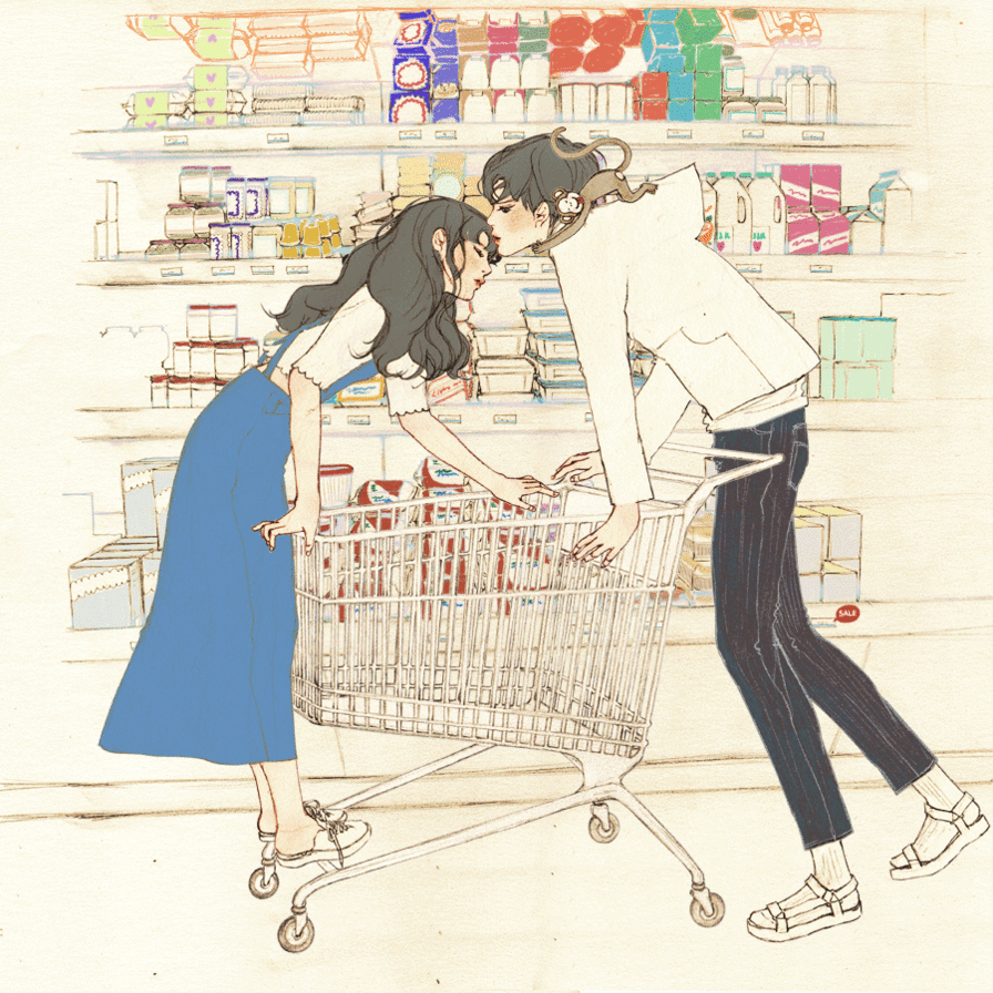 男孩 女孩 超市 购物车 亲吻额头 插画 意境