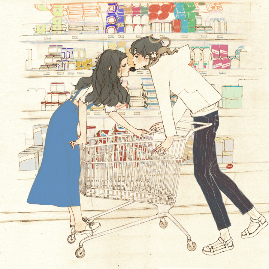男孩 女孩 超市 购物车 亲吻 插画 意境