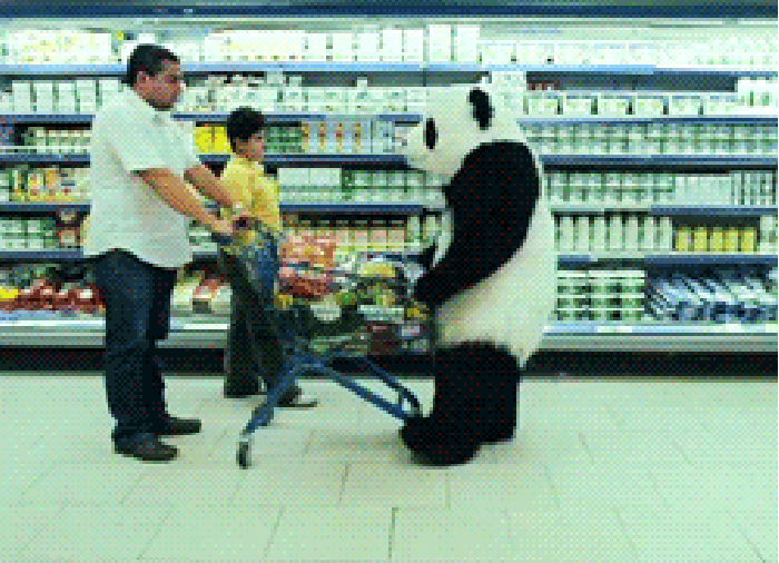 熊猫 超市 购物车 掀翻