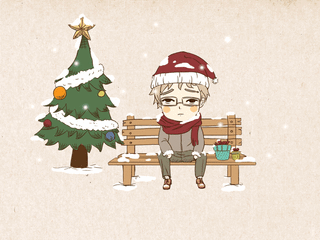 圣诞树 沉思 动漫男孩 长椅 坐等 下雪