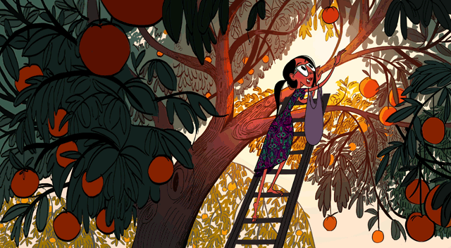 卡通 树木 爬梯子 摘橙子