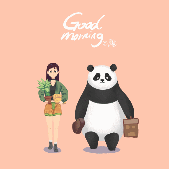 大熊猫 女孩 走路 早上好