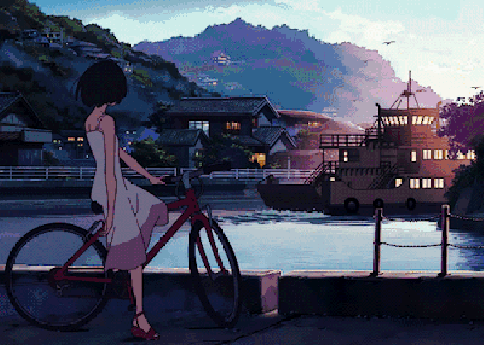 女孩 单车 轮船 夜景