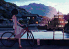 女孩 单车 轮船 夜景