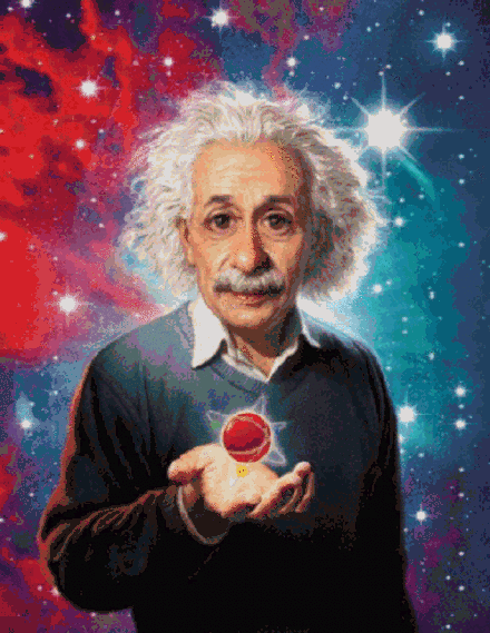 爱因斯坦 宇宙 油画 手拿星球