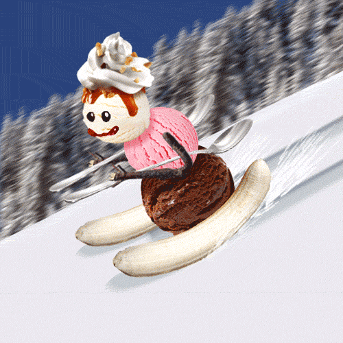 滑雪 香蕉圣代 gif 雪 冬天 冰淇淋 冷 雪人勺子 可爱 skiing