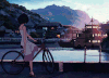 女孩 单车 轮船 美景