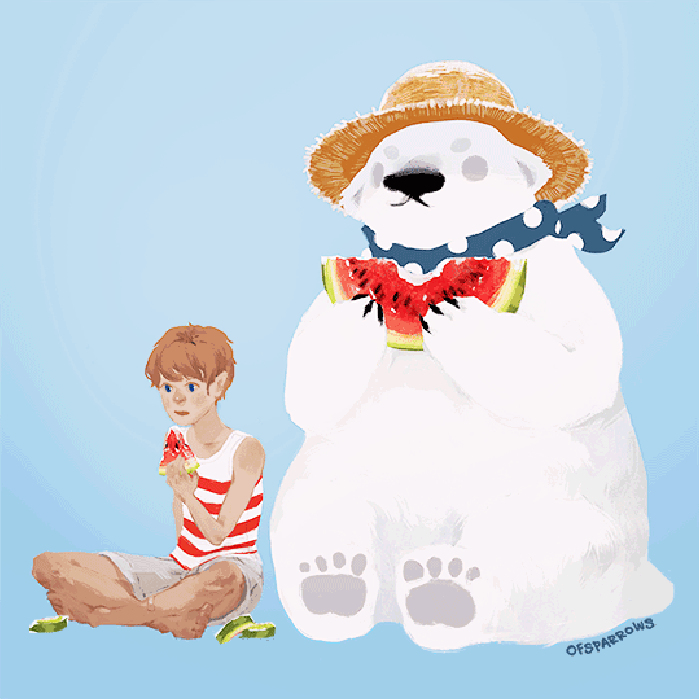 男孩 白熊 吃西瓜 动漫