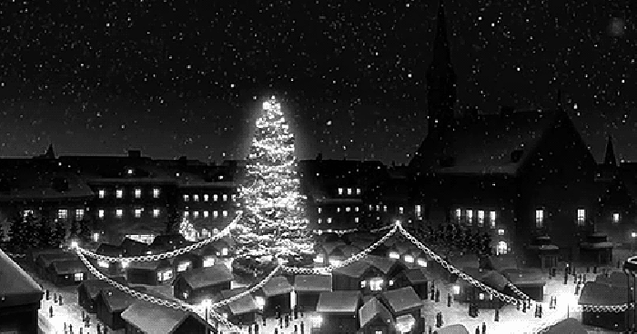 黑白 下雪 圣诞树 灯光 房屋 小镇 漂亮