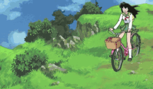 卡通 犬夜叉 美女 下坡 草地 骑自行车