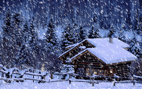 小屋 森林 下雪 傍晚