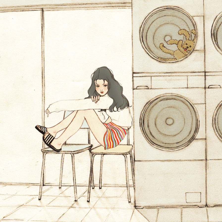 女孩 板凳 洗衣机 旋转 玩偶兔子 意境 插画 坐凳子 等待