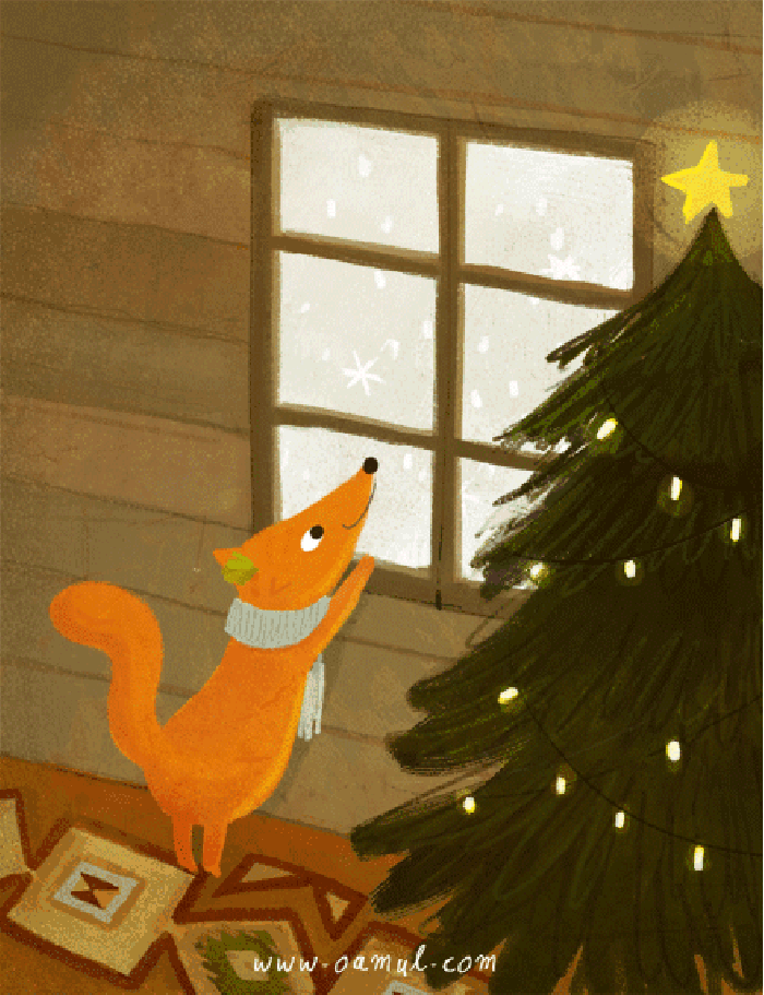 下雪 狐狸 圣诞树 窗外
