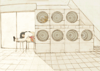 女孩 板凳 意境 弯曲 旋转 洗衣机 玩偶兔子 等待 插画