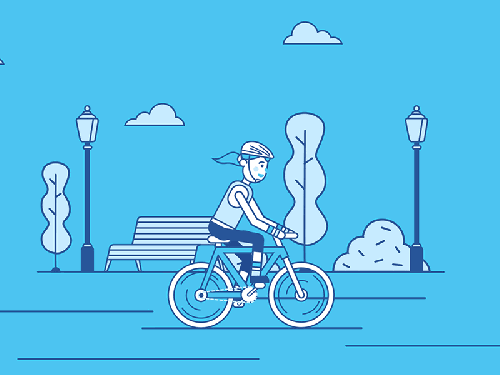 女孩 手绘 漫画 自行车 蓝色 街道 马尾 骑车