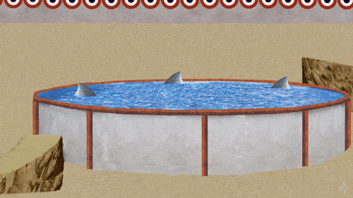 创意 名画 油画 幽默 鲨鱼坐骑 游泳池
