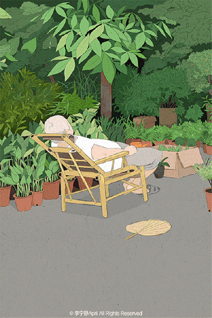 老人 躺椅 夏日 手绘