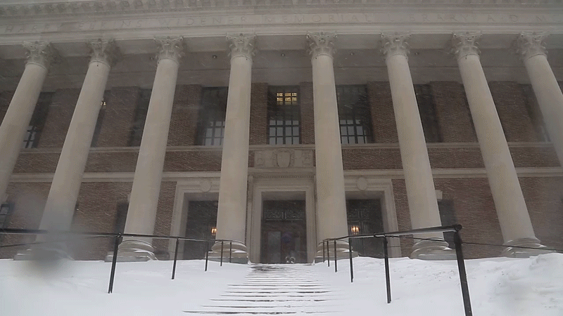 剑桥 打伞 下雪 图书馆
