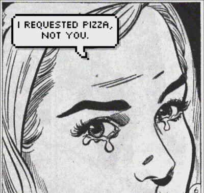 女性的 眼泪 哭 涂料 女孩 漫画 比萨饼 凉爽的 奇怪的 女人 女士 哭泣 出问题 脉冲波 噪声干扰 玻璃纸 我要求比萨