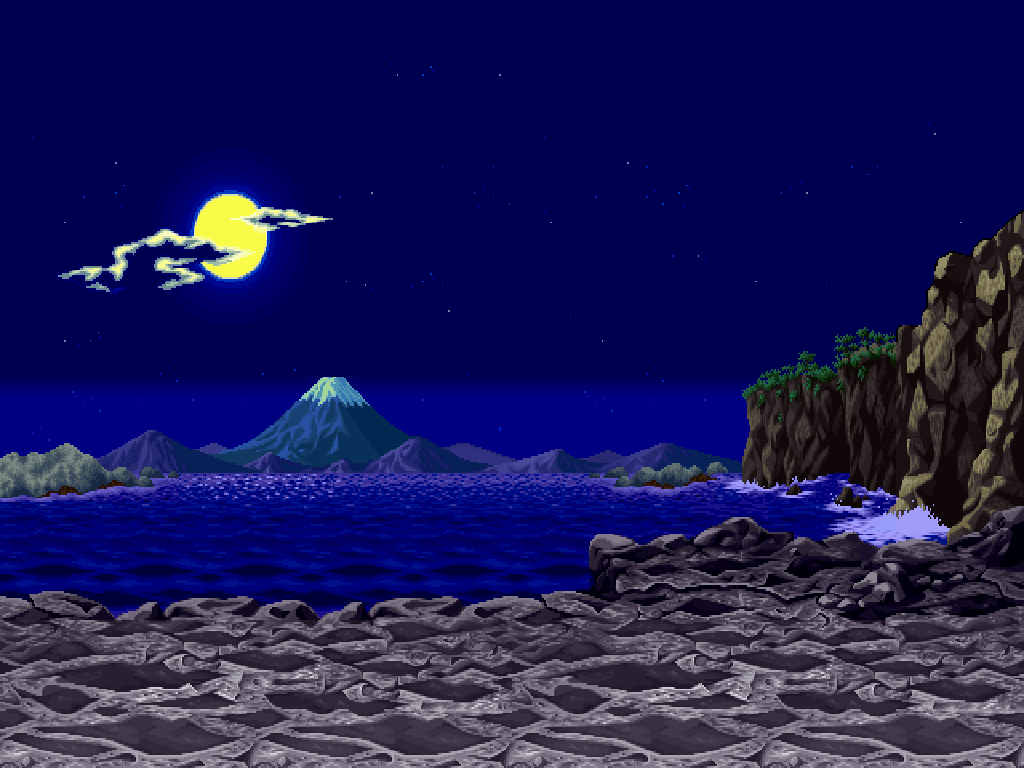 山水 卡通画 月亮 夜景