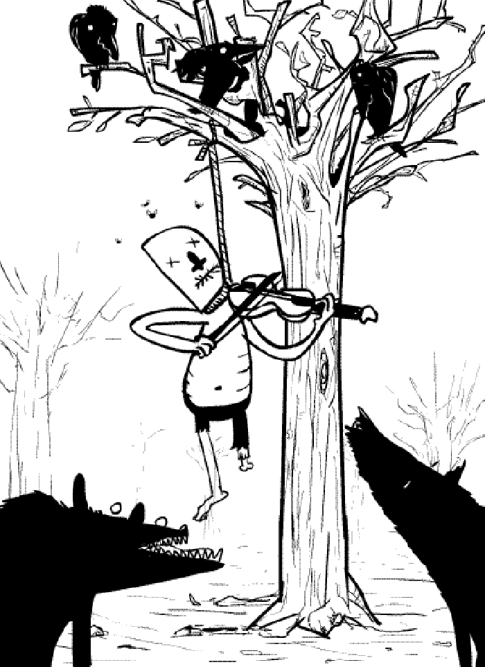 卡通 黑白 拉小提琴 乌鸦 树木 上吊