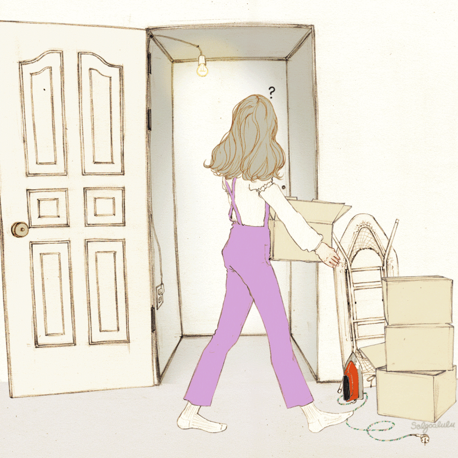 女孩 大门敞开 紫色背带裤 搬纸箱 收拾东西 意境 插画
