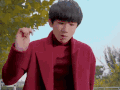 王源 红衣服 憋嘴 树木