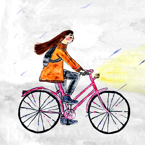 单车 女孩 漫画 下雨