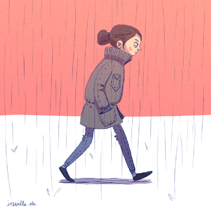 女孩 下雨 走路 插画
