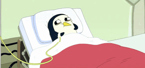 企鹅 躺床上 揉肚子 红色被子