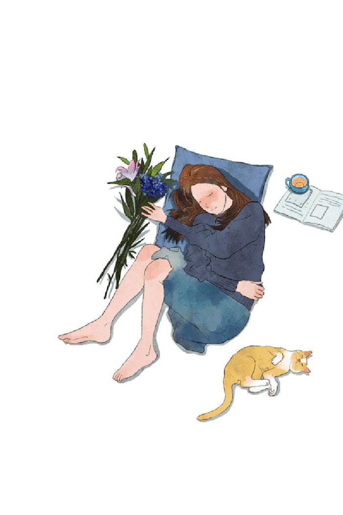 卡通 猫咪 女孩 躺着 鲜花