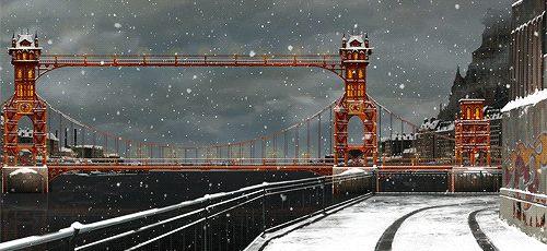 卡通 阴天 下雪 大桥