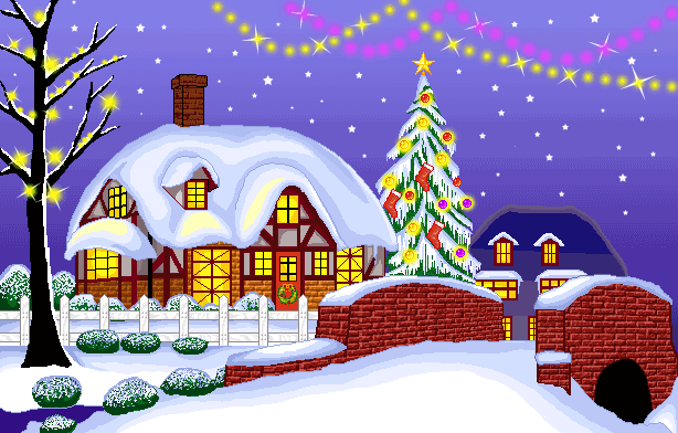 圣诞树 灯光 房子 白雪