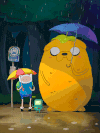 卡通 下雨 打伞 黄色