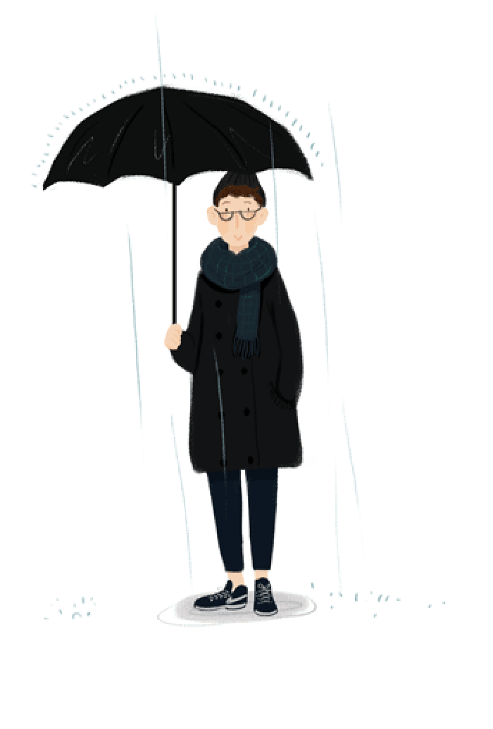 卡通 下雨 雨伞 黑衣服