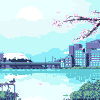 背景 卡通 像素 城市 湖水 桃花