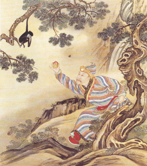 猴子 挑逗 松树 古代 中国风 画