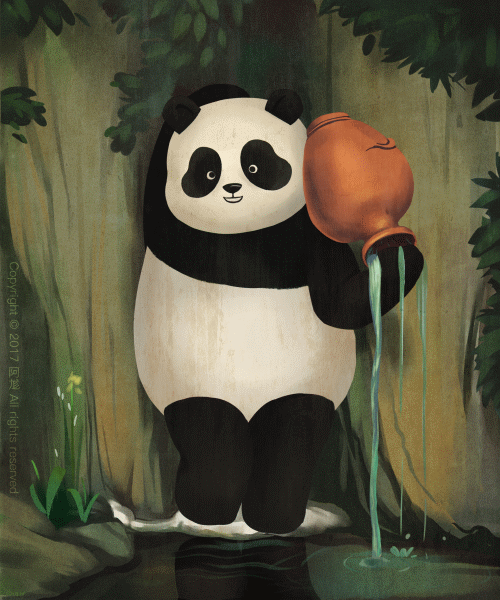 大熊猫 倒水 罐子 河边