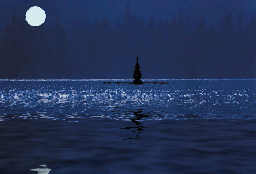 月亮 海面 灯塔 波纹