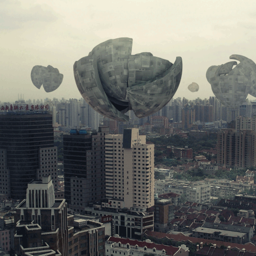 太空 外星人 3D 圈 城市 C4D 有生气的 GIF 不明飞行物 无限的 船 外星人 OVNI 闪耀 建筑 街道 4D影院 屋顶