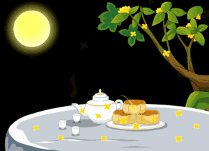月亮 月饼  茶壶 茶杯 桌子