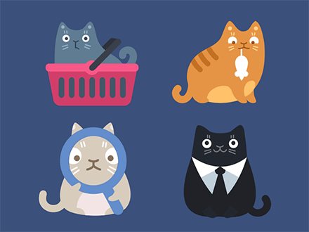 四只小猫 购物 吃老鼠 自恋 绅士猫 插画 猫咪 Denis Sazhin