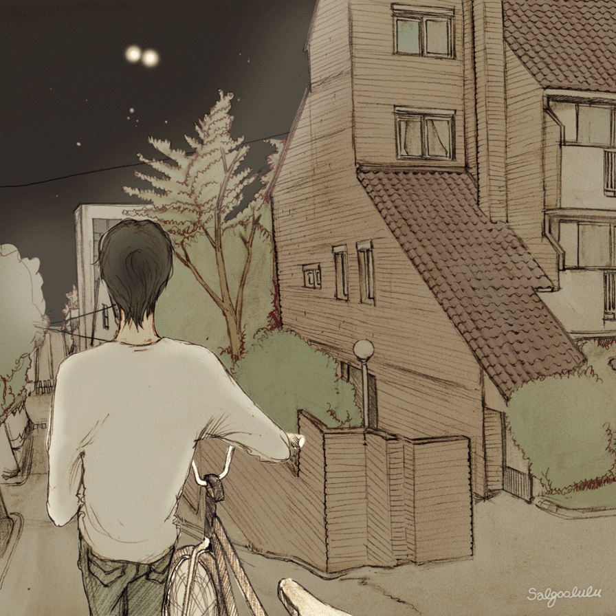 夜晚 街道旁 背影 男孩 推自行车 插画 意境