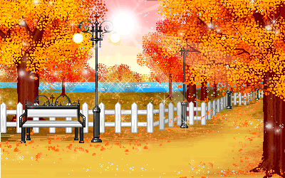 秋天 枫叶 树木 长椅 栅栏 意境