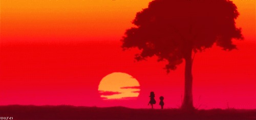 卡通 夕阳 大树 红色