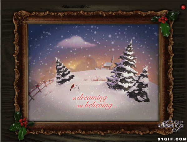 圣诞树下雪小鸟镜框gif动图_动态图_表情包下载_soogif